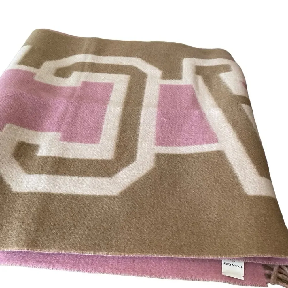 Coach Reversible Colorblock Varsity Print Oversized Muffler Scarf Pink Tan